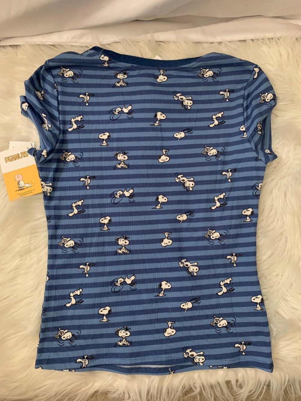 PEANUTS Snoopy Good Grief Striped Ribbed Knit Tee in Blue Sz LARGE - Picture 3 of 3